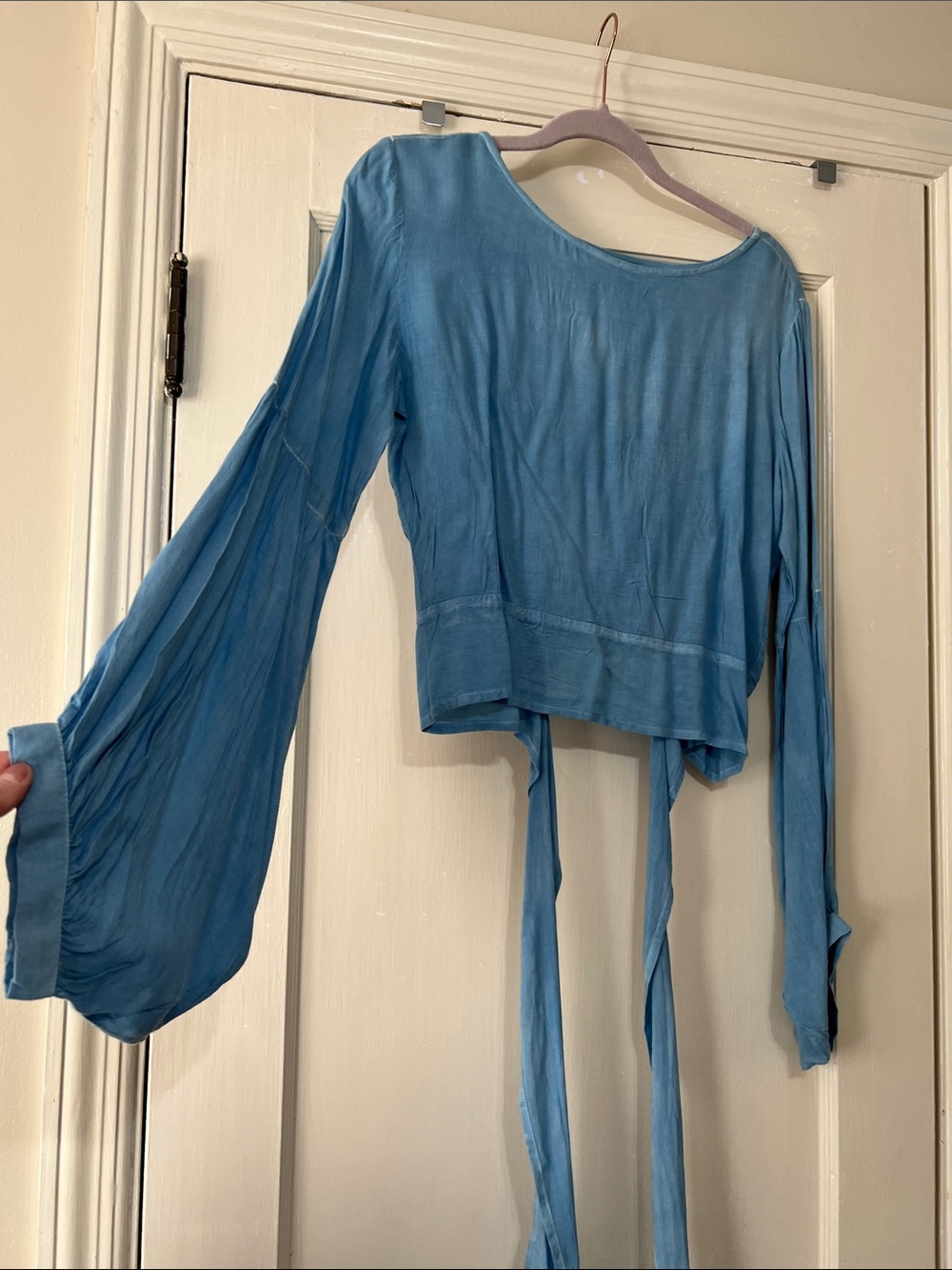 Style Envy Sky Blue Bell Sleeve Tie-Back Top
